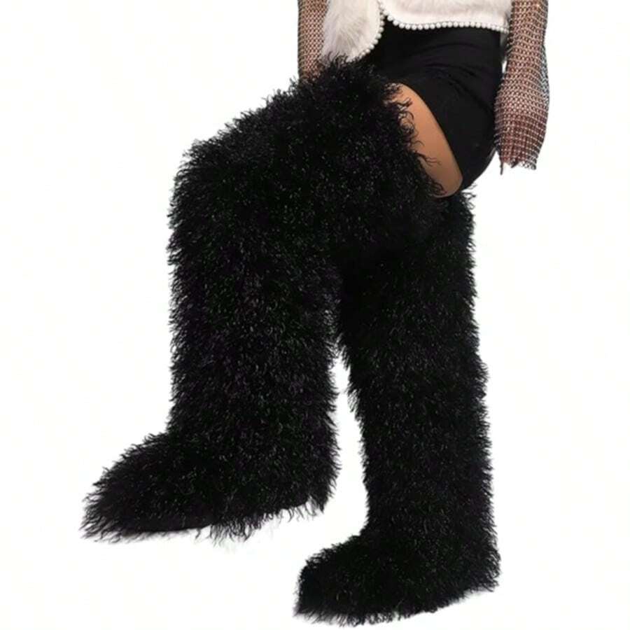 Women's Thigh High Fur Boots Faux Fur Fluffy Flat Warm Over The Knee Boots Tall Furry Snow Shoes For Women - 黑色 - 查看 1