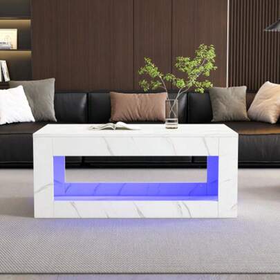 Modern LED Coffee Table, Living Room Coffee Table, Sofa Side Table, Lounge Table, High Brightness Coffee Table With Remote Control, Large Coffee Table With Marble Print (White)