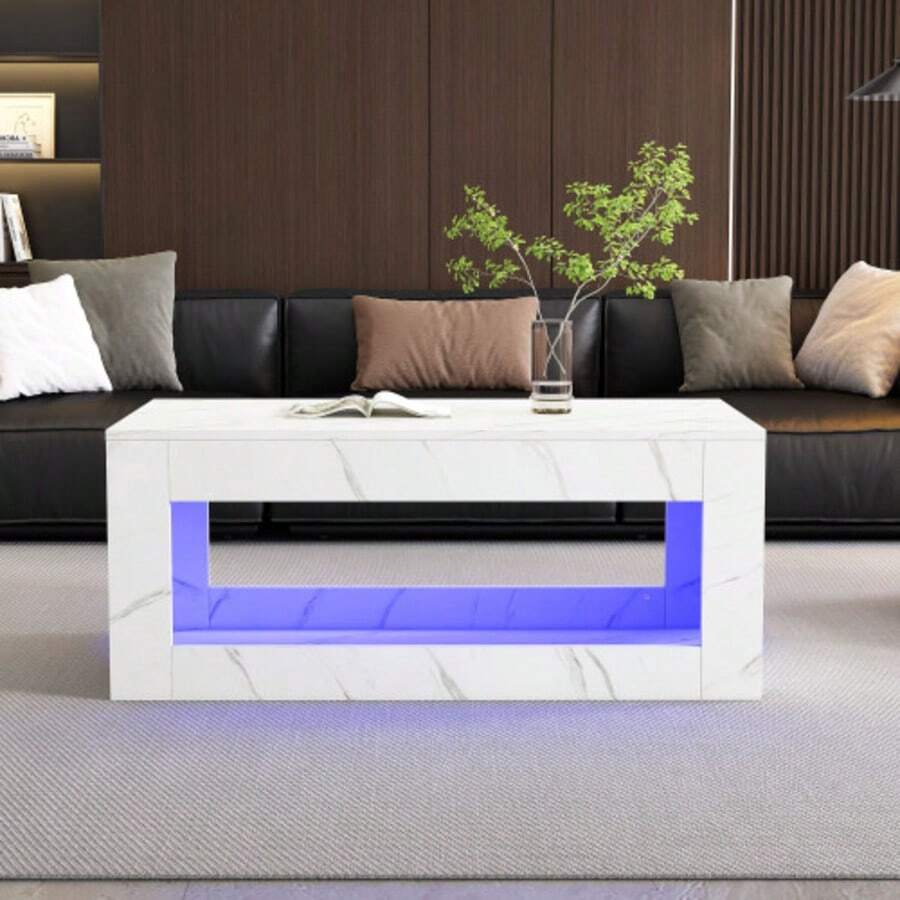 Modern LED Coffee Table, Living Room Coffee Table, Sofa Side Table, Lounge Table, High Brightness Coffee Table With Remote Control, Large Coffee Table With Marble Print (White) - White - View 1