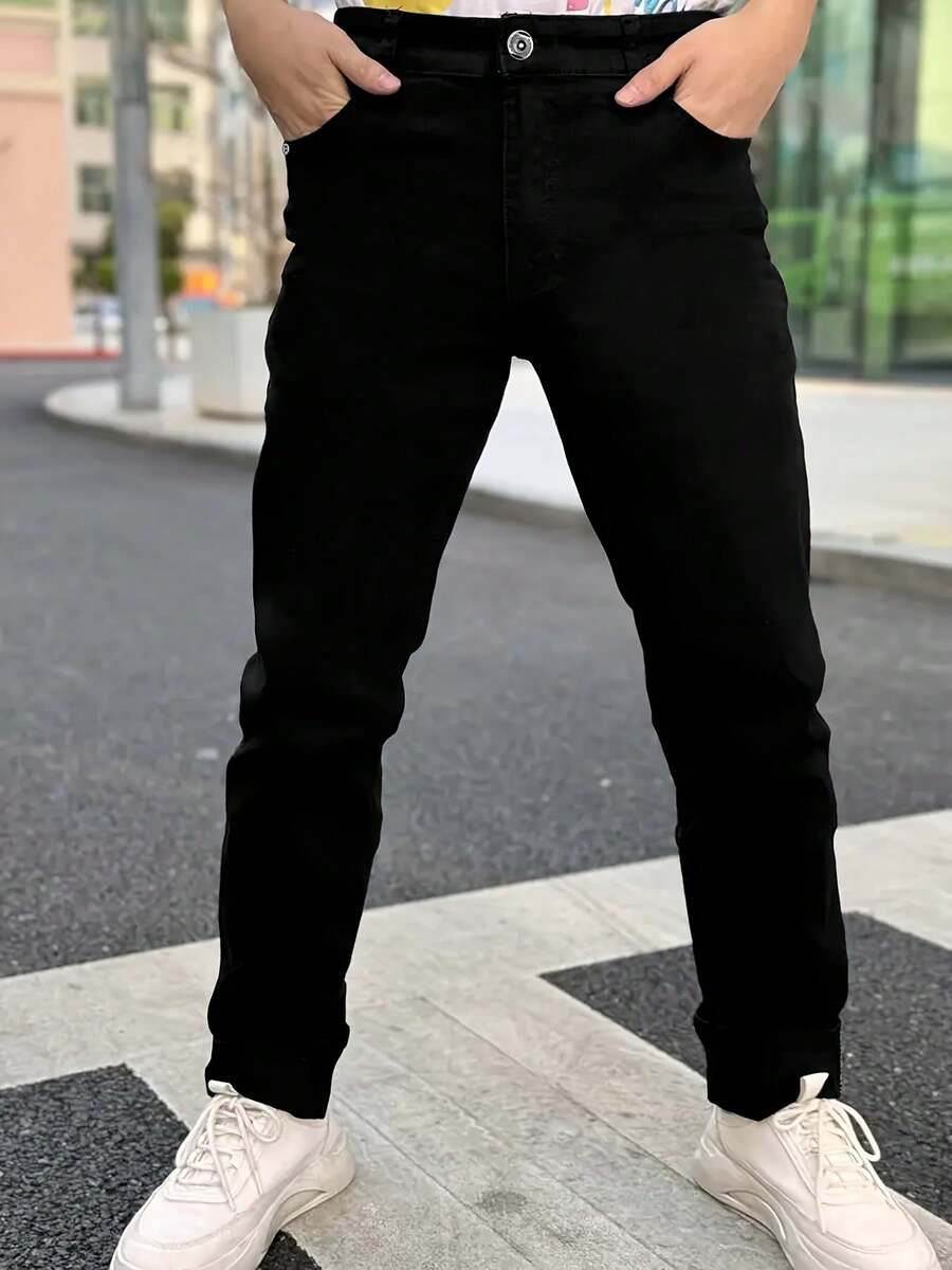 Men Solid Color Casual Slim-Fit Jeans, Straight-Leg Dark Jeans Long Plain Black Washed Cargo Jeans, For Husband, Boyfriend Gifts Going Out Hang Out Commute Work Urban Christmas Gift For My Husband Vaqueros Para Hombre - (30L) Metallic Black - Regular Size - 查看 1