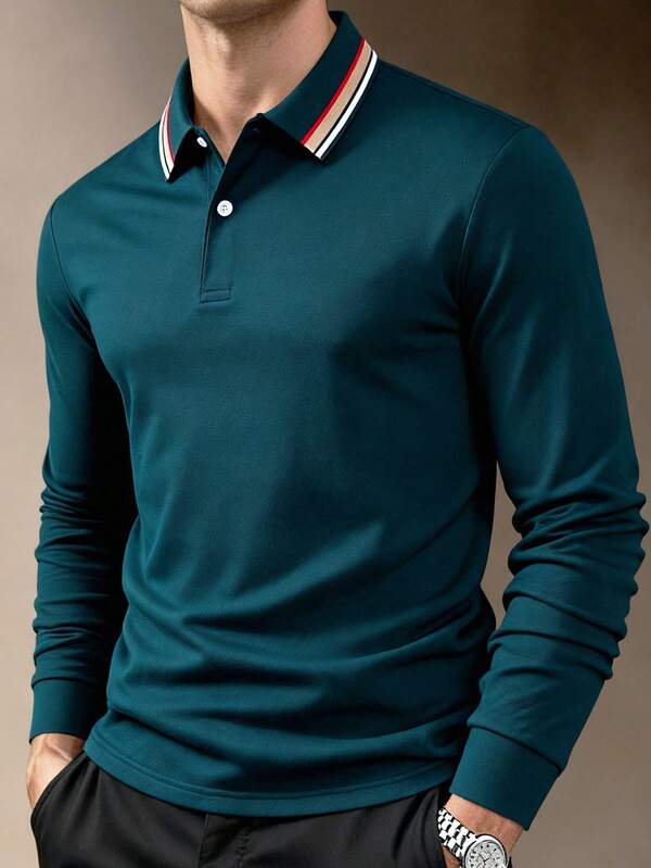 Men's Solid-Color Front-Button Long-Sleeve Polo Shirt With Minimalist Collar Casual Everyday Wear, Suitable For Work Settings Ideal For Husbands To Wear During Fall And Winter Seasons Top Gift Picks For Husbands/Boyfriends This Fall And Winter