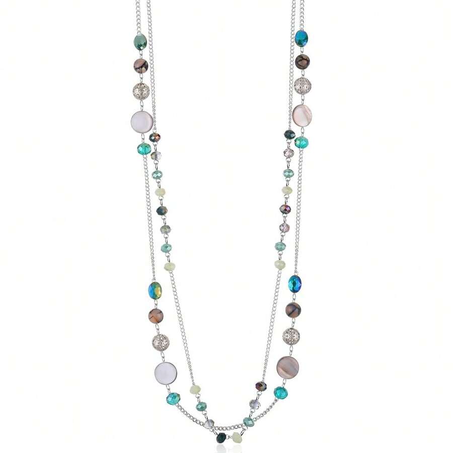 Noessla Layered Long Necklaces For Women Crystal Beaded Statement Necklace Sweater Silver Chain With Gifts Box Jewelry{Inchcolor_nameinch:InchGreeninch} - 綠色 - 查看 1