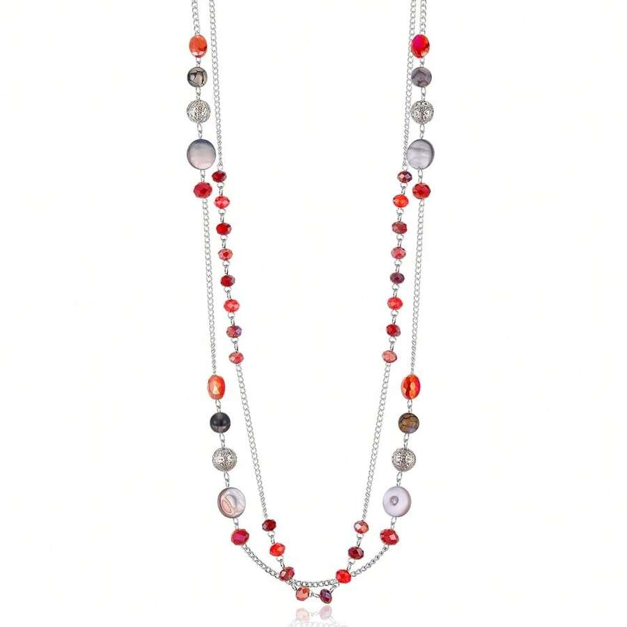 Noessla Layered Long Necklaces For Women Crystal Beaded Statement Necklace Sweater Silver Chain With Gifts Box Jewelry{Inchcolor_nameinch:InchRedinch} - 紅色 - 查看 1
