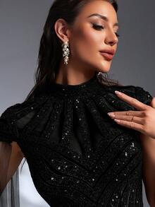 IBTRLY Elegant Luxury Fashion Black High Collar Sequin Beaded Applique High Slit To Thigh Formal Evening Party Wedding Guest Bachelorette Graduation Prom Gown, For Valentine's Day - Black - View 2