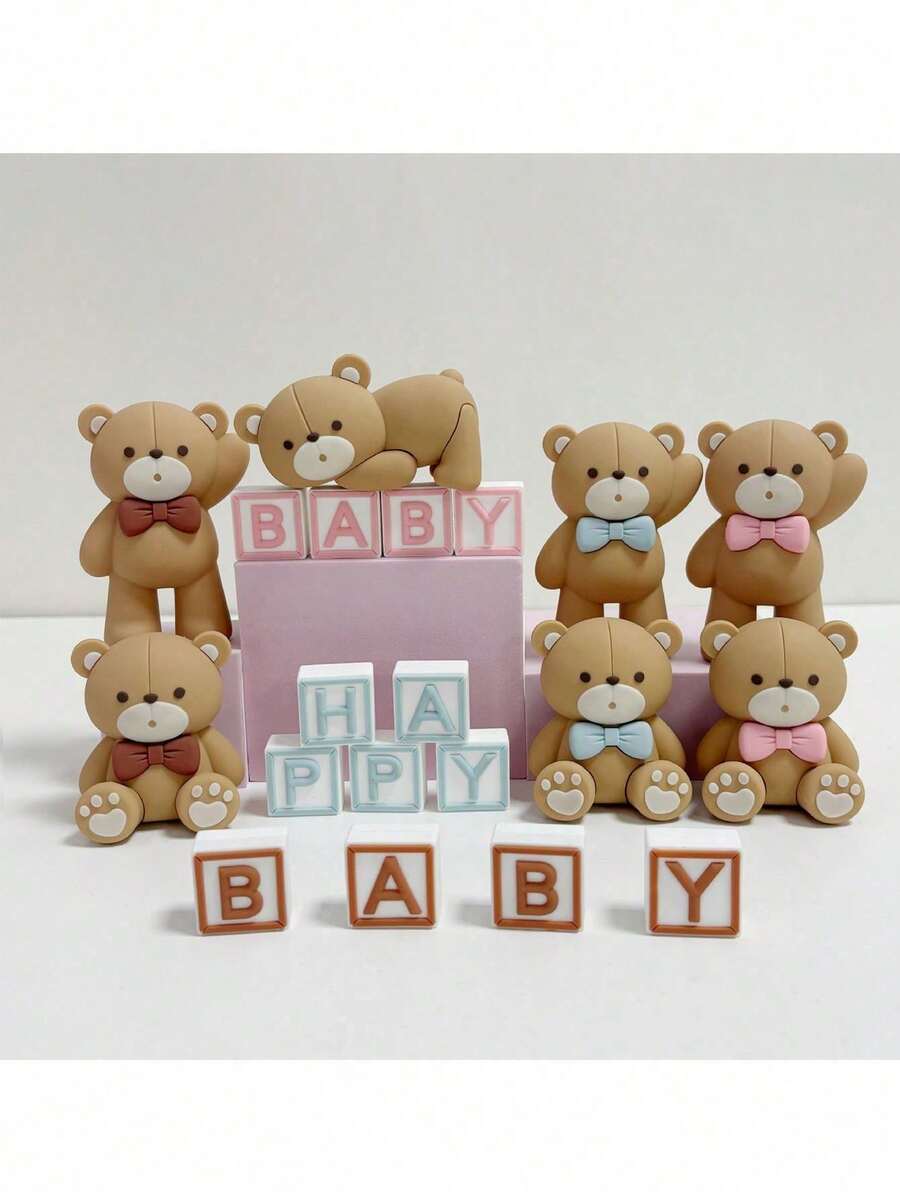 1个软橡胶小熊蛋糕装饰插牌，粉色、蓝色、棕色可选，生日蛋糕装饰道具，字母“生日快乐”，坐姿和站姿小熊，可爱小熊蛋糕装饰配件，ins风，适合小熊主题派对、生日派对、洗礼、性别揭晓派对、百日庆、一周岁生日派对蛋糕装饰。（请搭配托盘使用） - 多色 - 查看 1