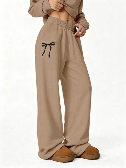 Tween 女童灰色休闲运动裤，温暖蝴蝶印花 Y2K 直筒裤，秋冬