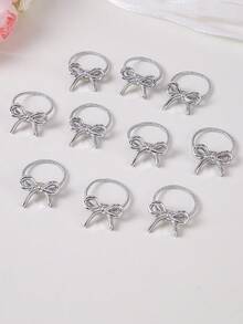10个/包 女孩/女士丝带蝴蝶结银色闪光简约小号弹力发圈，可爱公主风，百搭，温和不伤发，适合日常使用 - 銀色 - 查看 2