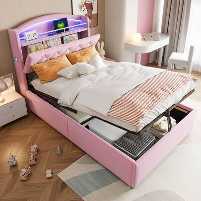 Letto imbottito per bambini 90x200, letto singolo in velluto, letto multifunzionale con spazio contenitore, LED e USB, rosa