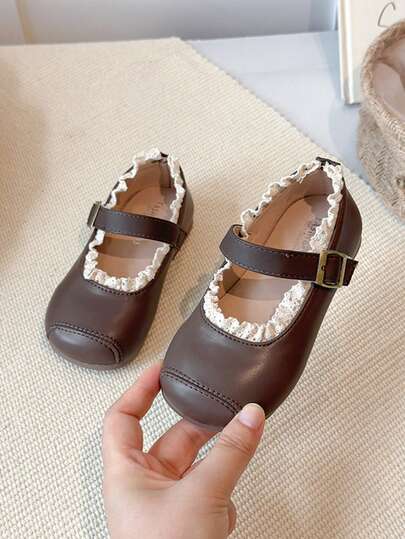 2025 Christmas & New Year Gift, 3-12 Years Old Girls, Dark Brown & White Wavy Lace, PU Leather Anti-Slip, Metal Buckle Low-Top Closed Toe Flats, Retro Sweet Princess Shoes, Suitable For Daily Wear, School Activities, Best Seller