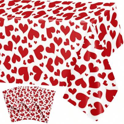1/3pcs Disposable Valentine's Day Tablecloth, 137x274cm Plastic Red Heart Tablecloth For Party, Picnic, Dinner Decoration, Rectangular