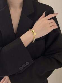 1pc Women's Stainless Steel Classic Heart Engraved Toggle Clasp Steel Chain Bracelet Valentines,Mom,Mother,Mother's Day, - 金色 - 查看 5