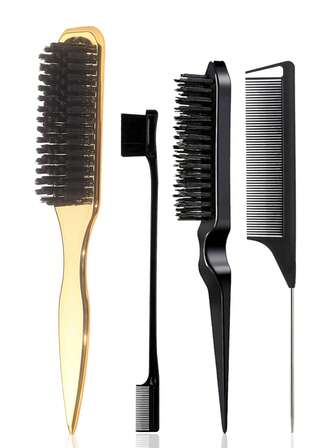 4pcs/Set Slick Back Hair Brush For Sleek Ponytail Bun & Smoothing Hairs, Flyaways, Edge ControlBackcombing & Teasing Hairbrush WithWide Rat Tail For Sectioning & Parting,Hair Brush, Comb, Hair Tools, HairProducts And Accessories For BarberSalon Beauty Travel Essentials,Golden Hairbrush