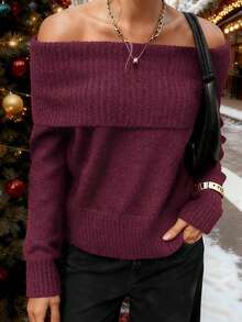 Women's Casual Comfortable Romantic Retro Modern Commute Office Teacher Solid Color Christmas New Year Knitted Off-Shoulder Pullover Sweater, Suitable For Daily, Holiday, Christmas, New Year, Office, Date, Street, Travel, Back To School, Party, Airport, Sports & Fitness, Beach, Evening, Spring, Autumn, Winter