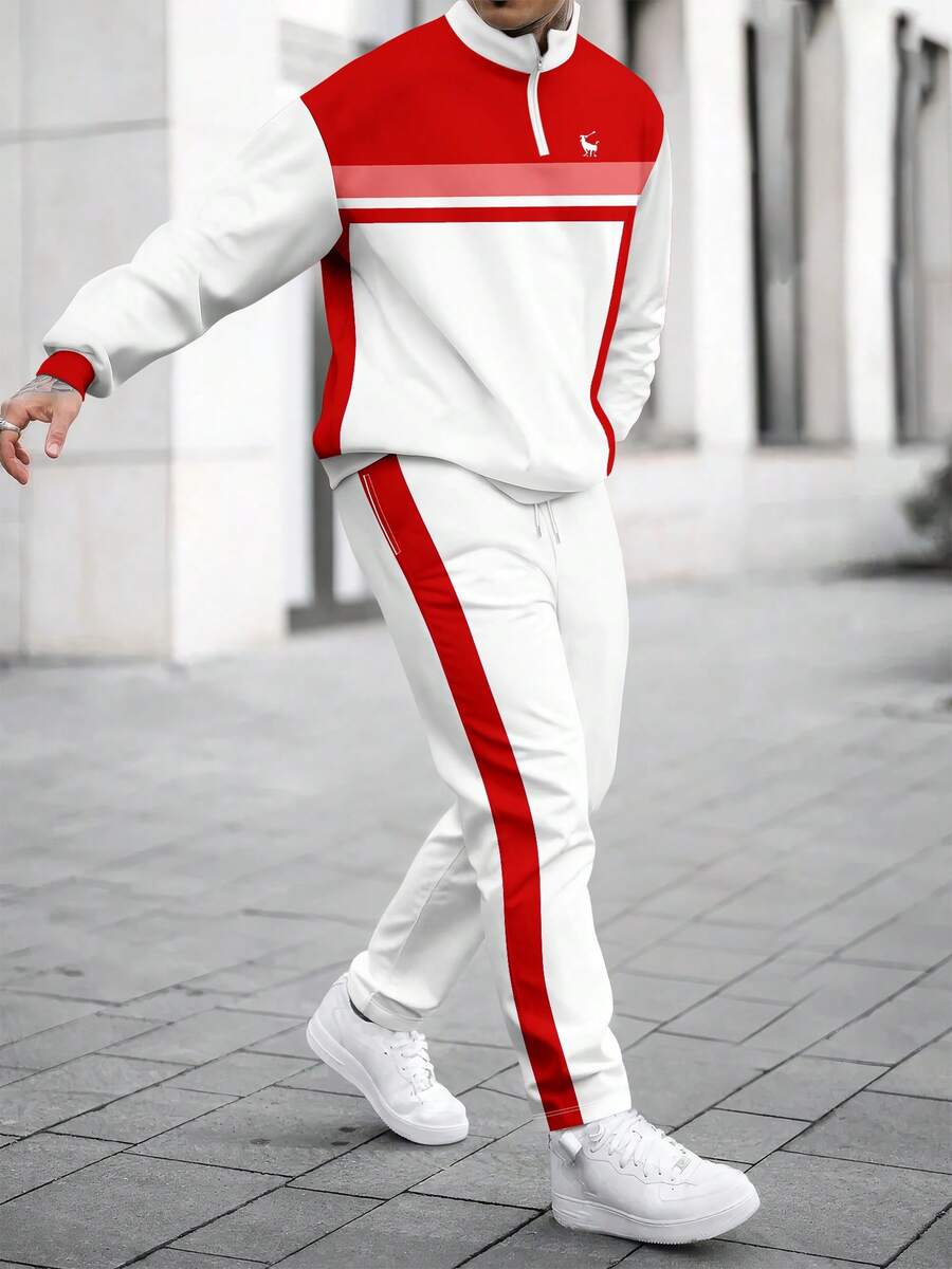Men's Contrast Color Patchwork Deer Print Zip-Up Sweatshirt And Pants Set - Red - View 1