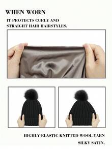 Women's Winter Beanie Hat With Satin Lining And Faux Fur Pom-Pom, Warm Knitted Hats For Women In Winter - Multicolor - View 3