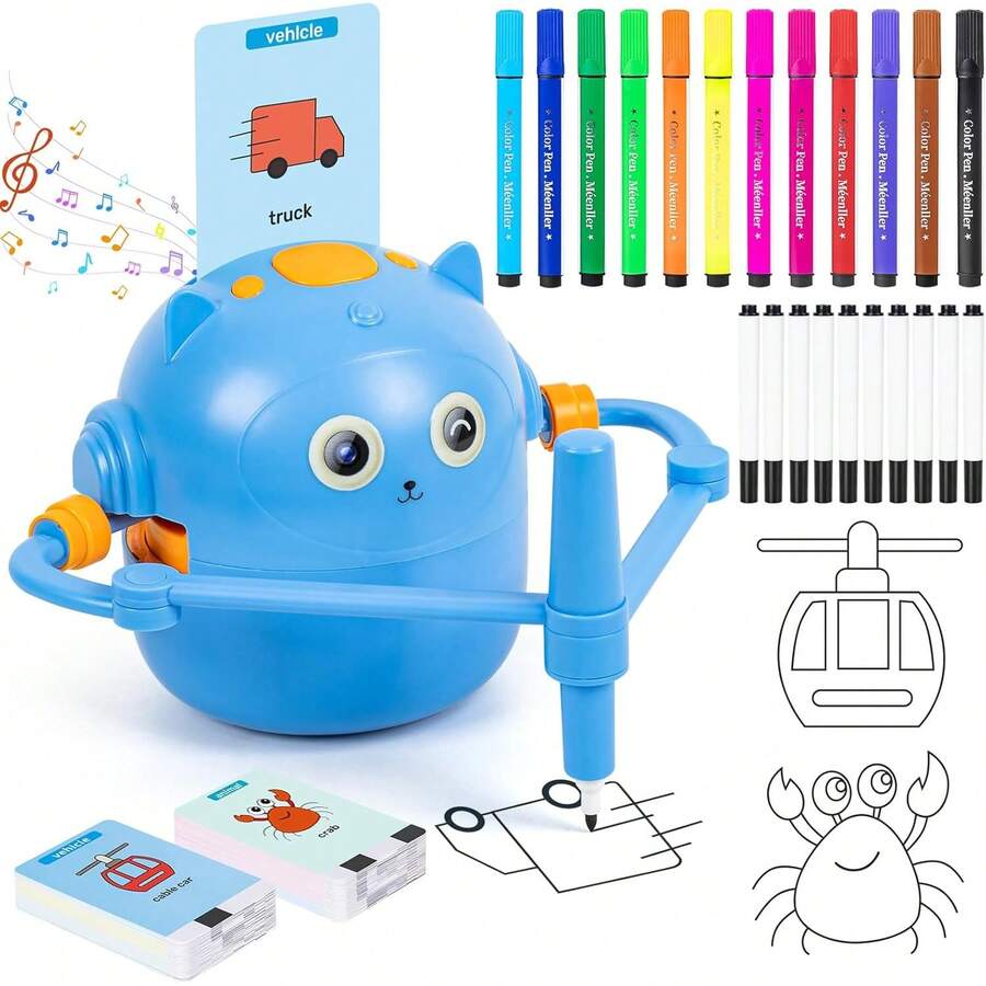 Smart Drawing Robot For Kids, Interactive Educational Drawing Robot, Magic Painting Robot Toy With 100 Word Cards & 16 Color Pens For Girls And Boys Age 3+ (Blue) - Blue - View 1