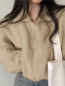 Chaqueta corta de lana de cordero con cremallera, elegante para mujer en otoño e invierno. Chaqueta de estilo teddy de moda sólida y elegante para salir, en color marrón. Cárdigan casual de manga larga y ajuste holgado para mujer, abrigo exterior para fiestas, ropa de Navidad y Año Nuevo.