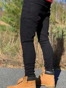 Teen Boy Black Jeans, Grey Elastic Slim Fit Casual Comfortable Denim Pants, Suitable As Gift For Teen Friends Party - Black - View 3