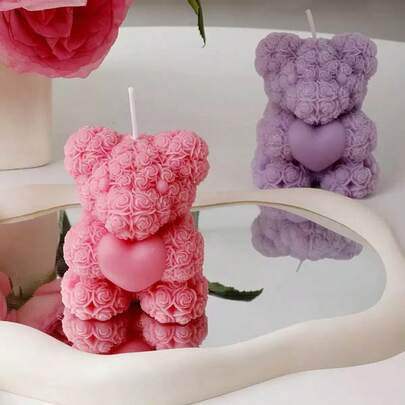 1pc Rose Flower Hugging Heart Teddy Bear Candle Silicone Mold, Suitable For Valentine's Day Gifts, Handmade DIY, Valentine's Day And Mother's Day Themed Home Decor, Craft, Bow Lollipop Teddy Bear Candle Silicone Mold