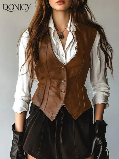 DONICY Chaleco de mujer de cuero PU con botones frontales en la cintura, estilo casual retro y de unicolor. Chaleco formal sin mangas de color cobre. Chaqueta formal minimalista de mujer de cuero PU con diseño de cintura, ajuste ceñido, adecuada para capas de primavera/verano, estilo callejero, fiestas, citas y otras ocasiones, atuendos de San Valentín y Carnaval.