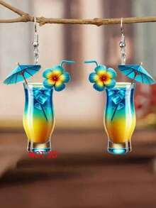 1 Pair Of 2D Acrylic Tropical Cocktail Glass Drop Earrings Colorful Double-Sided Design Ladies Fashion Accessories Suitable For Casual And Festive Wear - Đỏ - Xem 1