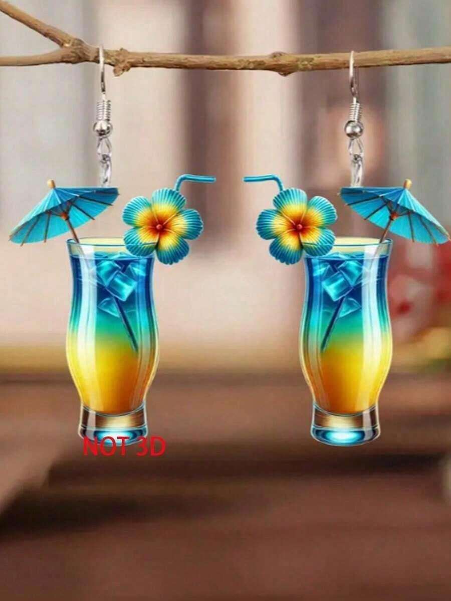 1 Pair Of 2D Acrylic Tropical Cocktail Glass Drop Earrings Colorful Double-Sided Design Ladies Fashion Accessories Suitable For Casual And Festive Wear - Đỏ - Xem 1