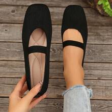 编织玛丽珍平底鞋，系带针织方头女式休闲鞋，春夏