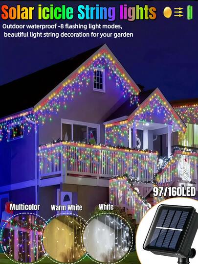 1 قطعة أضواء سلسلة جليدية تعمل بالطاقة الشمسية وبإضاءة LED، مقاومة للماء IP65 ب- 8 أنماط إضاءة لستائر غرفة النوم والفناء والحديقة وحفلات وعيد الشكر والزينة المنزلية والخارجية، أضواء سلسلة ديكورية للمنزل والحديقة (أبيض دافئ، أبيض، ملون)