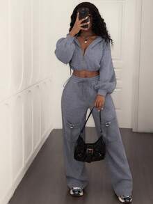 2pcs/1set Women Casual Solid Color Oversize Plain Cropped Hoodie And Sweatpants Set, Autumn/Winter Fall Cloth For Women,Gray Two Pieces Set,Women Comfortable Two Pieces Set - Grey - View 6
