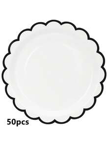 10个/20个/50个装黑白纸盘，7英寸/9英寸，白色纸盘带黑色滚边，可爱白色扇形纸盘，一次性花形餐盘，甜点派对餐盘，适用于婚礼、新娘送礼会、生日、毕业典礼、新年派对等场合的装饰 - 白底黑邊 - 查看 9