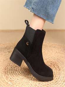 Fall/Winter Women's Fashion Round Toe Slip-On Suede Patchwork Black & Gray Color Block Ankle Boots - Black - View 3