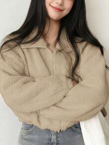 Chaqueta corta de lana de cordero con cremallera, elegante para mujer en otoño e invierno. Chaqueta de estilo teddy de moda sólida y elegante para salir, en color marrón. Cárdigan casual de manga larga y ajuste holgado para mujer, abrigo exterior para fiestas, ropa de Navidad y Año Nuevo.