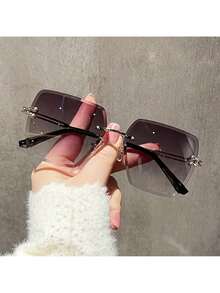 Fashion Rimless Women's  Y2K Gradient Color Cut Lenses Retro Hollow Metal Frame Women's Travel Vacation - 漸變灰色 - 查看 9