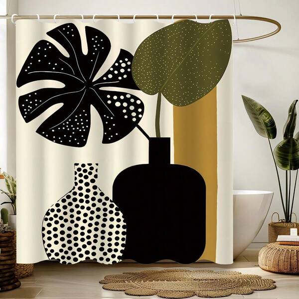 Cortina de ducha abstracta y tropical, estilo bohemio, con estampado botánico de hojas de palma y jarrón de acuarela minimalista, accesorios de baño modernos con plantas, decoración para el hogar, tela, incluye 12 ganchos
