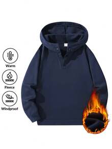 Áo hoodie lông cừu ấm áp dành cho nam, màu trơn đơn giản, cổ tay áo co giãn, thiết kế nút cổ điển, thoải mái khi mặc. - Màu xanh hải quân - Xem 9