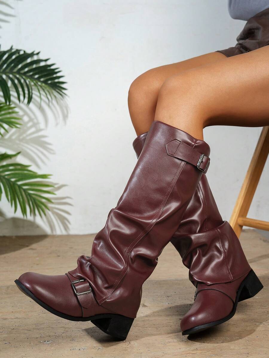 Fall/Winter Women's Fashion Leather Low Heel Pleated Tall Boots, Casual & Versatile - Burgundy - View 1