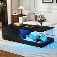 100*50*30cm Coffee Table, Sofa Table With 2 Drawers, High Gloss Living Room Side Table, MDF Living Room Table, LED Coffee Table, Tempered Glass End Table, Black Designer Table - Black - View 3