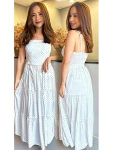 Long Crepe Dress With Thin Straps, All-Over Polka Dot Print, Boho Casual Style, Ruffled Hem, Zipper, Gathered Detail, Evening Wear. - White - View 2