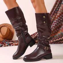 Women's Knee-High Boots, Minimalist Solid Color, Round Toe, Soft Sole, Non-Slip, Versatile, 2025 Autumn/Winter New Arrival, Slip-On, Fashion Pleated Design, Outdoor Boots - Reddish Brown - View 14