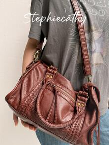 STEPHIECATHY Retro Casual Cool Street Unisex Style Handbag Soft Brush Off Washed PU Vegan Leather Zipper Closure Zip Pockets Braid Decor Large Capacity Small Size Tote Adjustable Long Strap Cross Body Shoulder Bag Top-Handle Purse Women Daily College Commute Travel Versatile - Multicolor - View 4