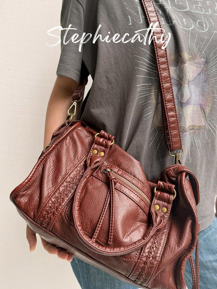 STEPHIECATHY Vintage Casual Cool Street Style Unisex Handbag, Soft Washed PU Leather, Zipper Closure, Zipper Pocket, Woven Decor, Large Capacity, Compact Size, Adjustable Long Shoulder Strap, Crossbody Shoulder Bag, Top Handle, Versatile For Women Daily, College, Commute, Travel - Multicolor - View 4