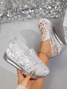 Women's Low-Top Sneakers, Sequined Mesh, Breathable Fabric, EVA Sole, All-Season Casual Sneakers. - 銀色 - 查看 6