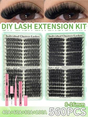 560 st. 0,07 mm tjocklek, D-böjning, 8-16 mm 40A+60A+80A+100A, Cat Eye, Cosplay, Rysk volym, Naturlig, Tjock och Dramatisk stil, Inklusive självhäftande och förseglingslim, Pincett, Nybörjarvänlig, 0,07 mm tjocklek, D-böjning, Lämplig för hemmabruk. Fransklusterkit, Fransar, Ögonfransar, Lösögonfransar
