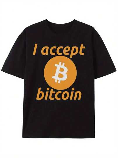 Camiseta Gráfica de Bitcoin para Hombre 1ud -  100%, Ajuste Holgado con Manga Corta y Estampado Audaz Acepto Bitcoin, Diseño y Amarillo para Atuendo Casual, Camiseta Bitcoin 100% Algodón