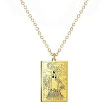 TEAMER Stainless Steel Tarot Cards Necklace Vintage Tarot Jewelry Good Luck Amulet Pendants For Women{Inchcolor_nameinch:InchGold-THETOWERinch} - 金塔 - 查看 1