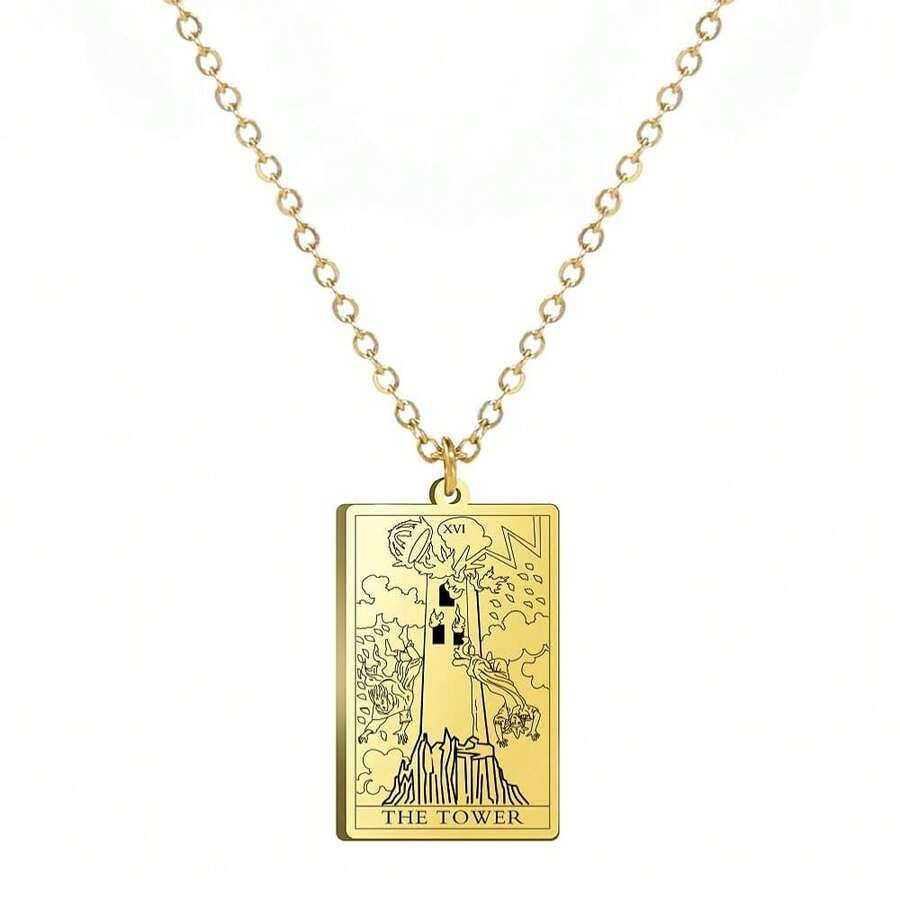 TEAMER Stainless Steel Tarot Cards Necklace Vintage Tarot Jewelry Good Luck Amulet Pendants For Women{Inchcolor_nameinch:InchGold-THETOWERinch} - 金塔 - 查看 1