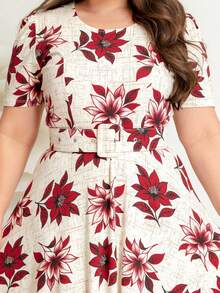 DRESS WITH BELT, FULL GODÊ SKIRT, SHORT SLEEVES, ROUND NECKLINE WITH VISCOLYCRA FLORAL PRINT - Red - View 10