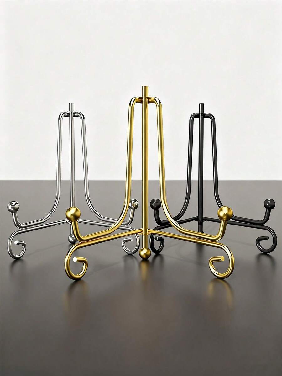 1pc Foldable Iron Art Easel, Photo Frame Stand, Triangular Display Holder, Jewelry Tray Rack, Black & Gold