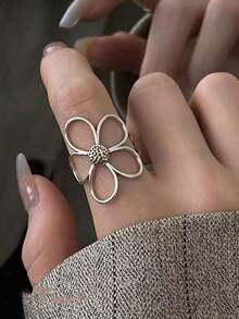 Rings Women Couple Minimalist Handmade Simple Big Flower Ring Party Jewelry - 銀色 - 查看 2