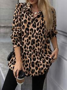 Vestido Camisero Para Mujer, Camisa Larga Estampado de leopardo, Manga Larga, Cuello Camisero, Corte Asimétrico, Con Botones - Marrón - Ver 1